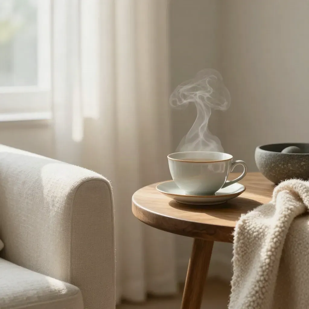Angolo terapia con tazza di tè, lino, legno chiaro e luce dopo la pioggia