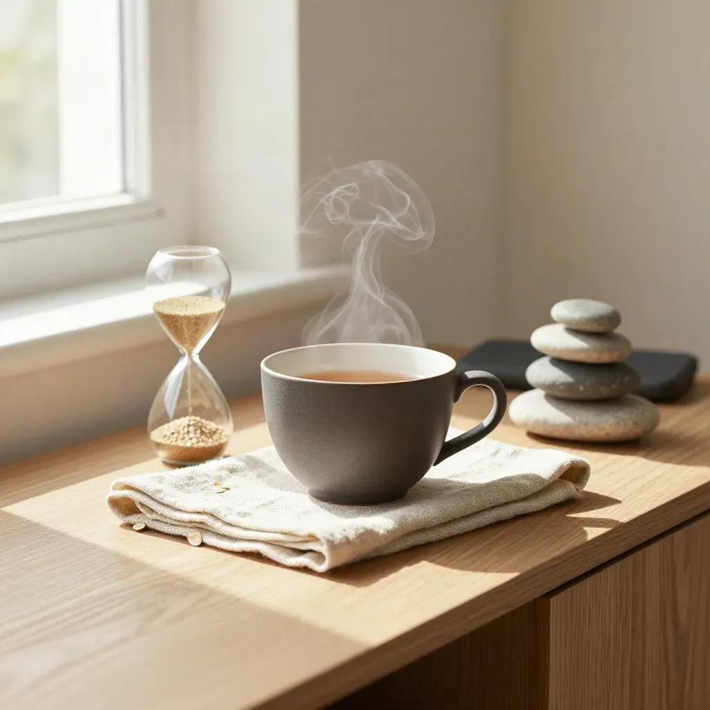 Angolo casa per gestione dello stress con timer, tazza di tè, lino piegato e pietre in equilibrio.