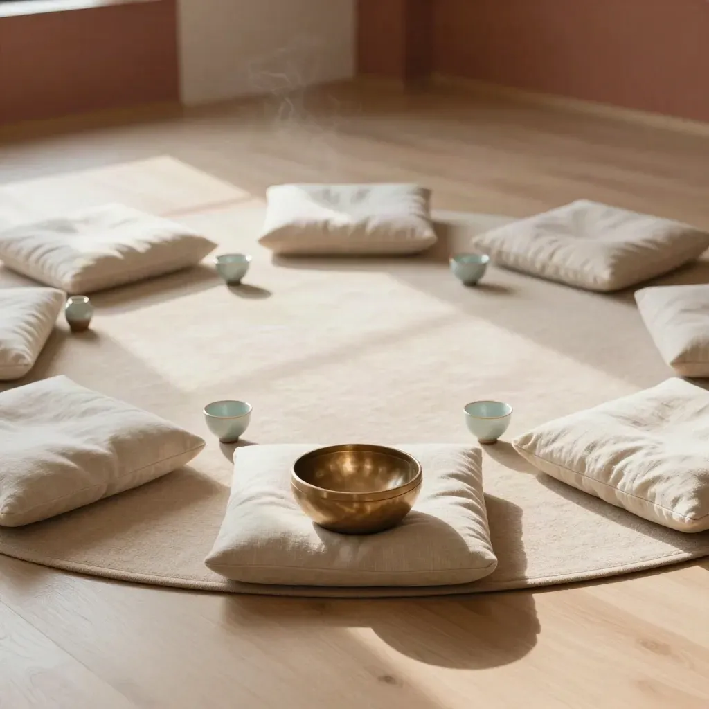 Studio di mindfulness vuoto con cuscini, tappetini, tazze e ciotola sonora alla luce naturale