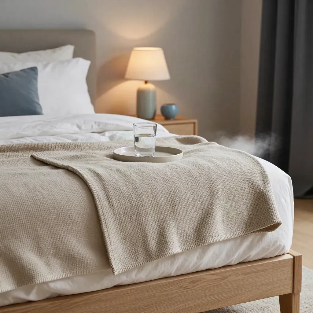 Letto ordinato con coperta pesata piegata, bicchiere d’acqua e lampada soffusa.