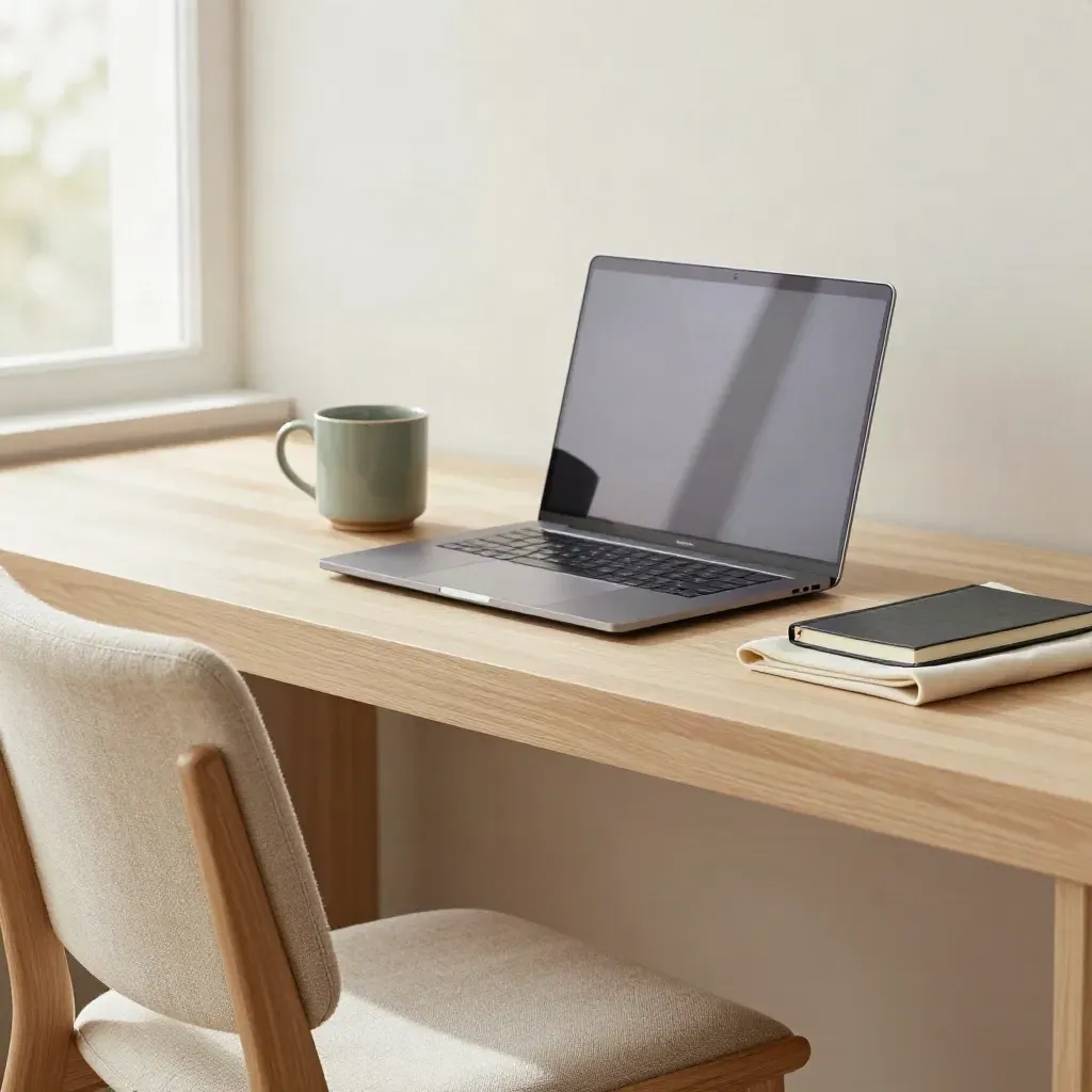 Angolo di lavoro ordinato con sedia, laptop chiuso, tazza e taccuino in luce finestra.