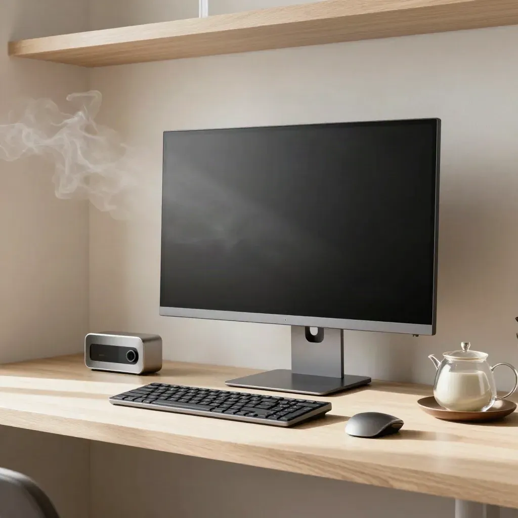 Angolo ufficio luminoso con monitor scuro, timer e set da tè, in atmosfera calma e ordinata.