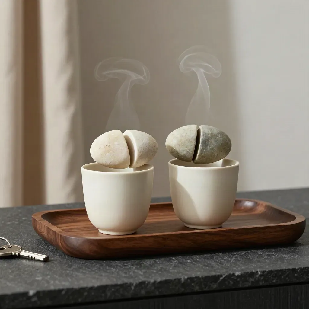 Due tazze gemelle, anelli in ceramica e un sasso diviso su un vassoio scuro, luce drammatica.