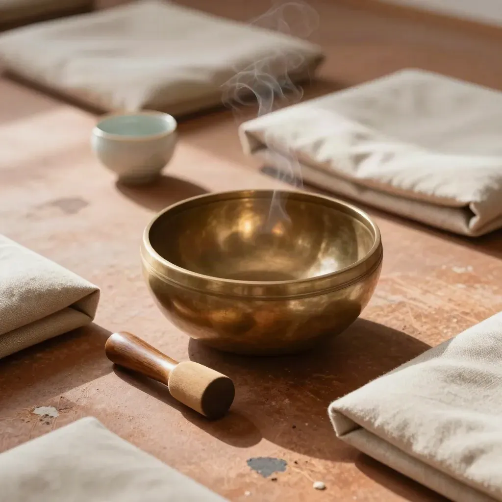 Campana tibetana in ottone, bastoncino di legno, cuscini e tazze per un workshop meditativo