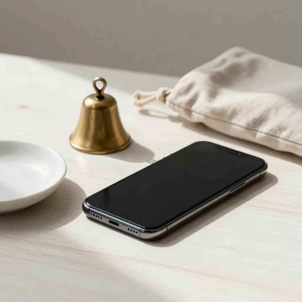 Smartphone spento, campanello in ottone e bustina in lino su legno chiaro, luce morbida.