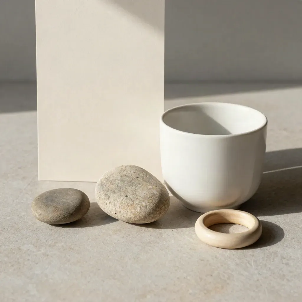 Tre pietre di fiume, tazza in ceramica e anello di legno su pietra chiara, luce morbida.