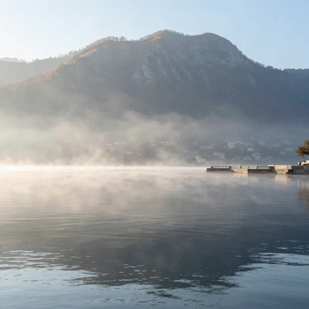 Lago di Como all’alba con nebbia alta, riflessi azzurri e cresta alpina in alto.