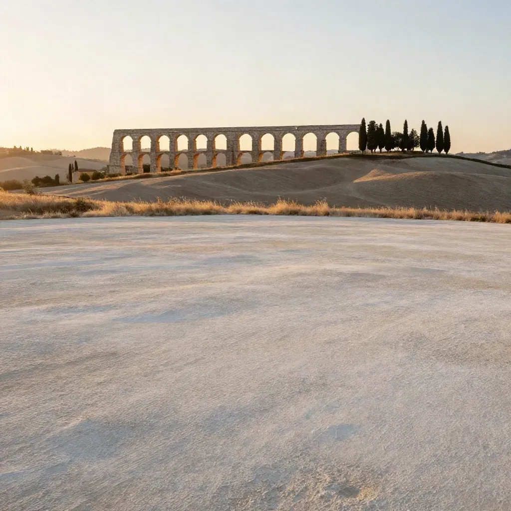 Acquedotto laziale al tramonto su piana di travertino, con cipressi e luce dorata