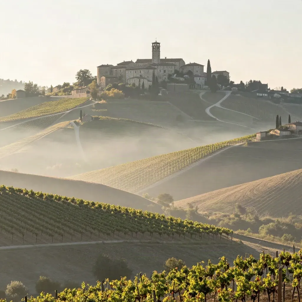 Colline del Piemonte con vigneto nebbioso e borgo in cima alla collina, spazio calmo per il testo.