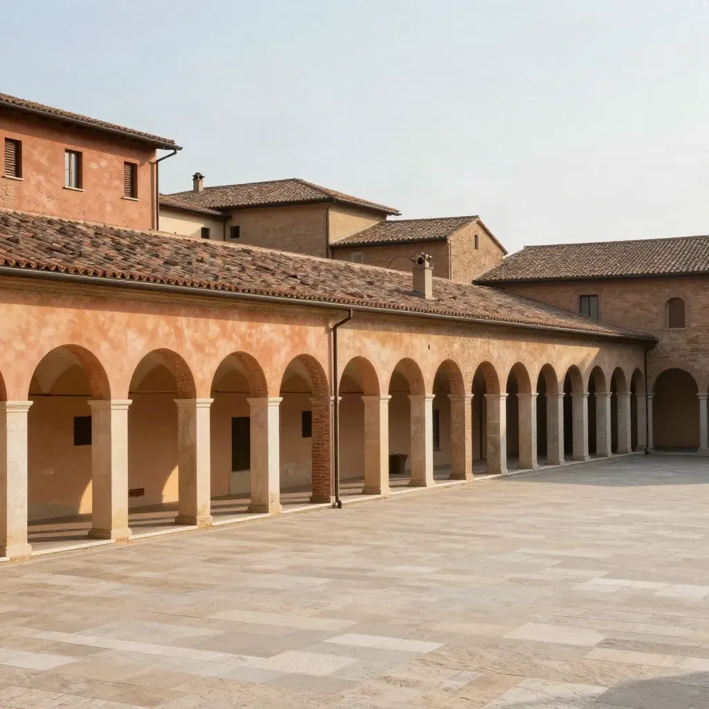 Arcate in terracotta e pietra dell’Emilia-Romagna, skyline caldo e campo vuoto per il testo